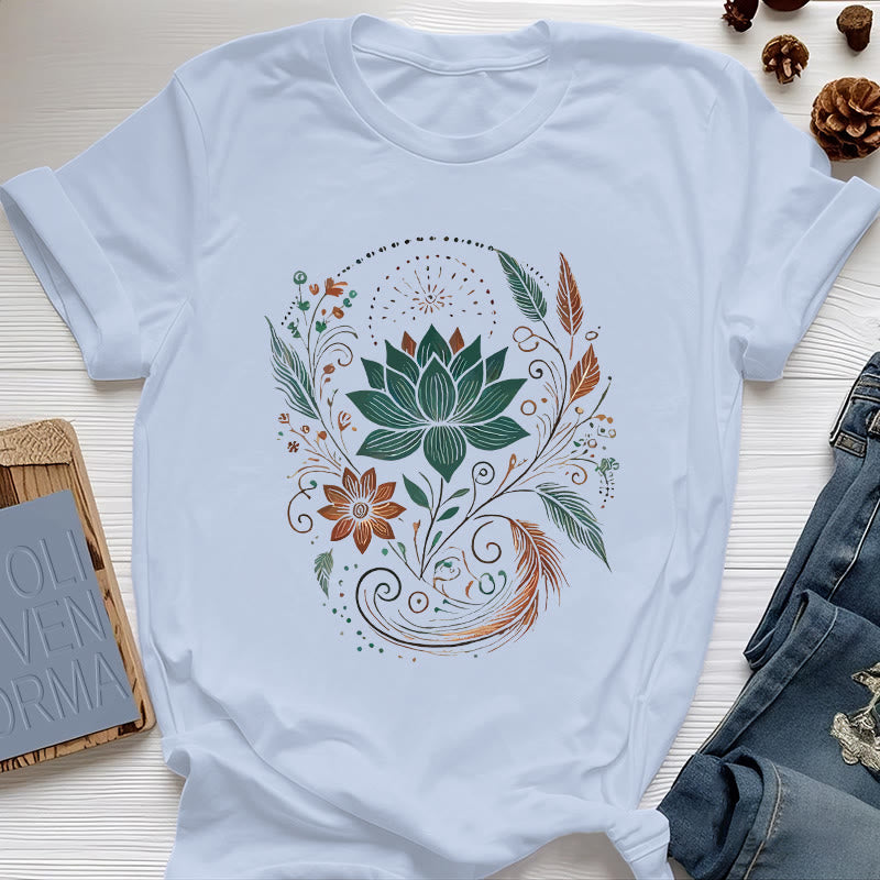 T-shirt de yoga en coton Olivenorma , fleurs et feuilles de lotus - Bleu - 2XL - image 0
