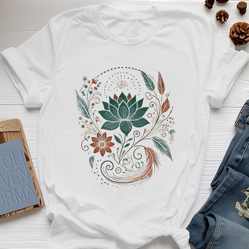T-shirt de yoga en coton Olivenorma , fleurs et feuilles de lotus - Blanc - 2XL - image 5