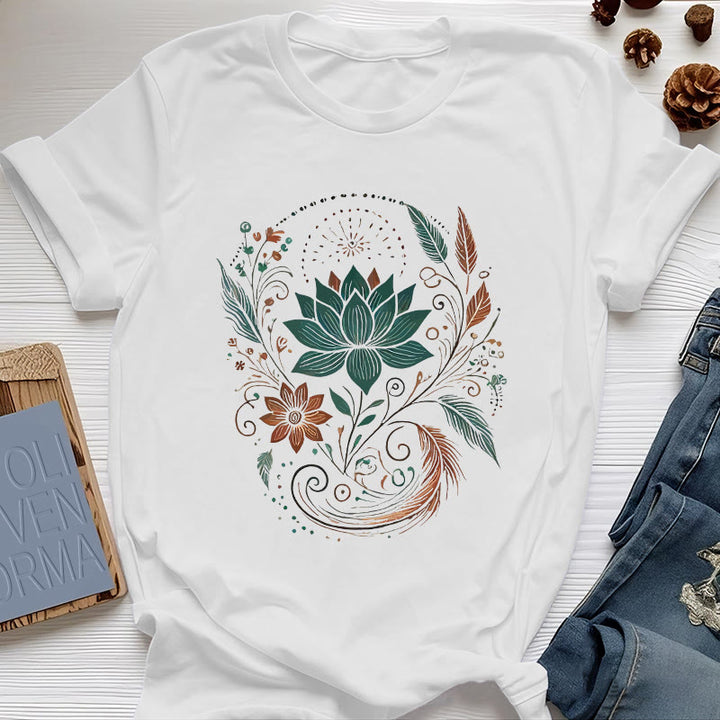 T-shirt de yoga en coton Olivenorma , fleurs et feuilles de lotus - Blanc - 2XL - image 5
