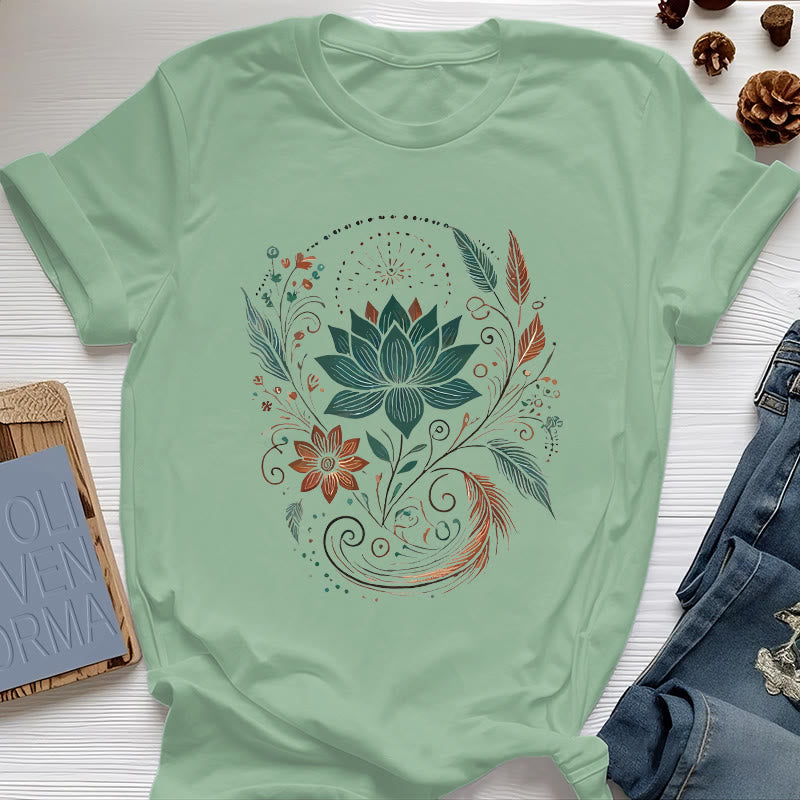 T-shirt de yoga en coton Olivenorma , fleurs et feuilles de lotus - Vert clair - 2XL - image 17