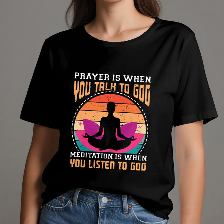T-shirt de yoga spirituel Olivenorma « La méditation, c'est quand on écoute Dieu » - image 1