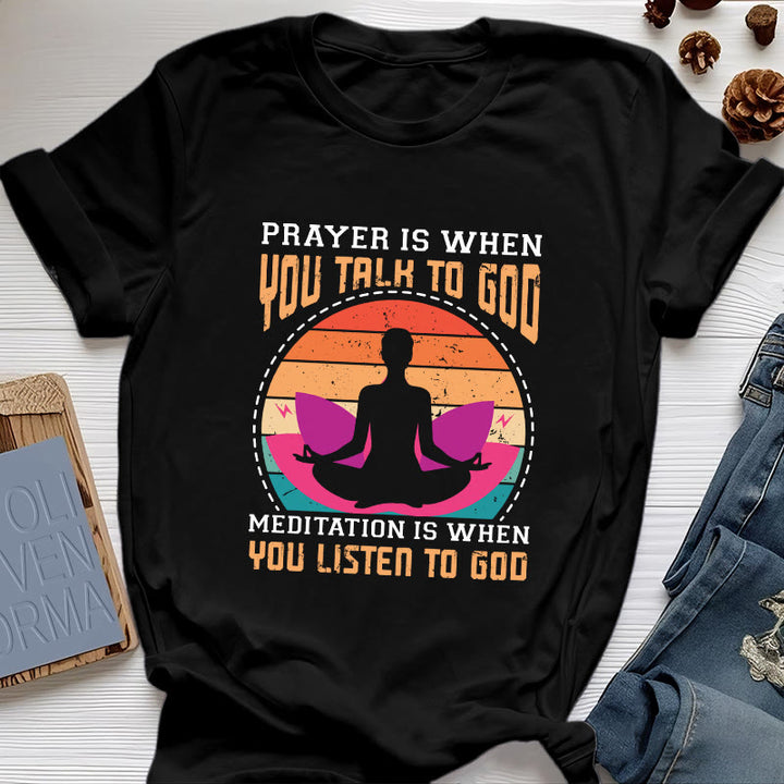 T-shirt de yoga spirituel Olivenorma « La méditation, c'est quand on écoute Dieu » - Noir - 2XL - image 0