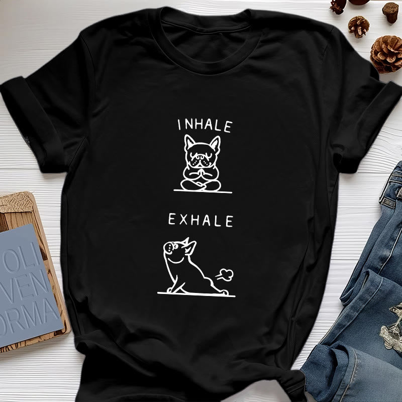 T-shirt humoristique et spirituel « Inspirer et expirer » avec le bulldog Olivenorma - Noir - 2XL - image 6