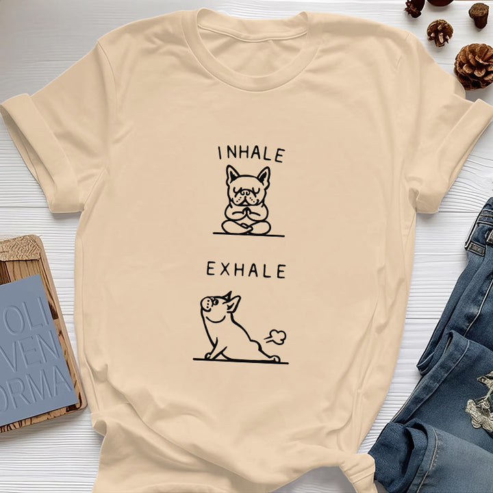 T-shirt humoristique et spirituel « Inspirer et expirer » avec le bulldog Olivenorma - Jaune - 2XL - image 10