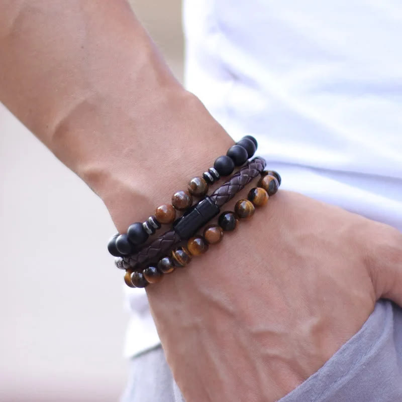Olivenorma Lot de 3 bracelets en cuir avec pierre œil de tigre - image 1
