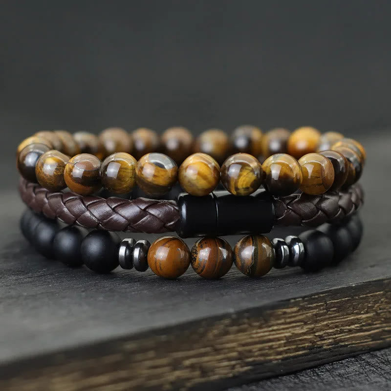 Olivenorma Lot de 3 bracelets en cuir avec pierre œil de tigre - Œil de tigre + Onyx noir - image 0
