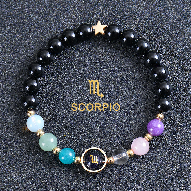 Bracelet Olivenorma douze constellations et huit planètes en pierres précieuses - Obsidienne ronde - Scorpion - image 47