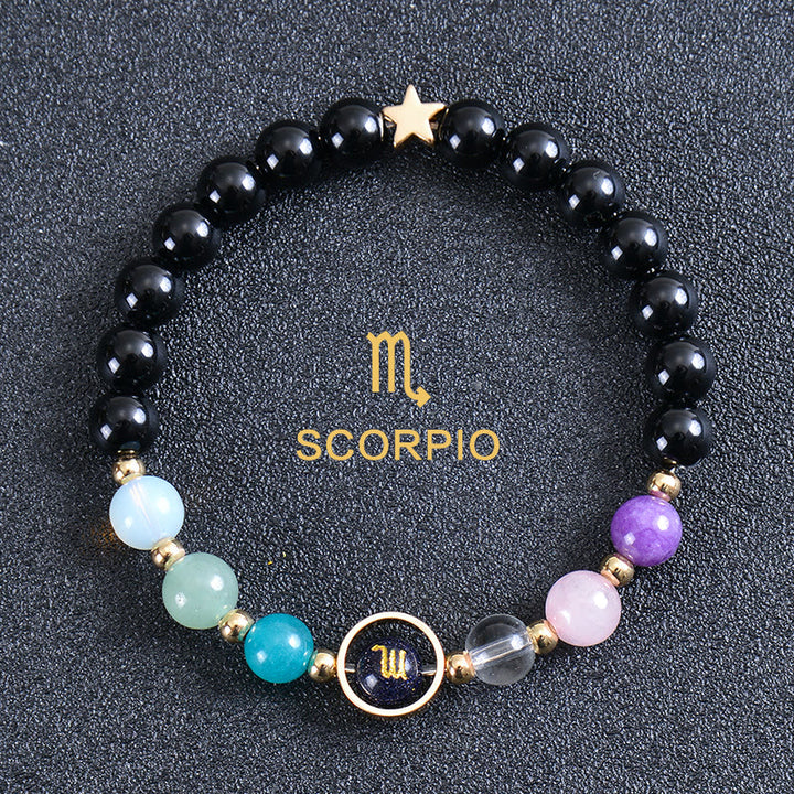 Bracelet Olivenorma douze constellations et huit planètes en pierres précieuses - Obsidienne ronde - Scorpion - image 47