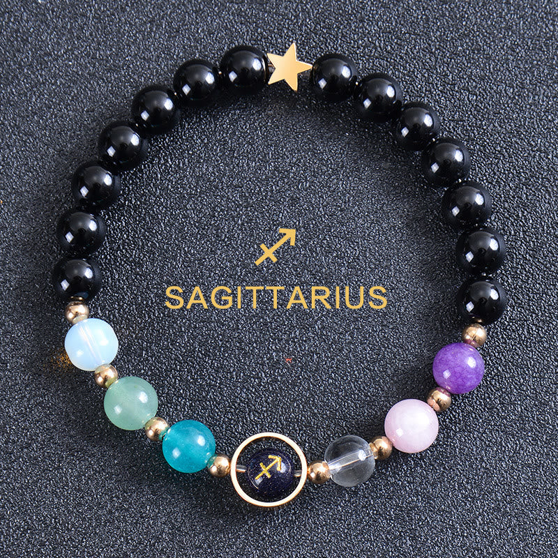 Bracelet Olivenorma douze constellations et huit planètes en pierres précieuses - Obsidienne ronde - Sagittaire - image 48