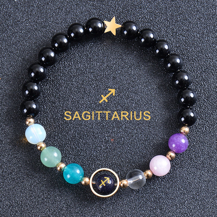 Bracelet Olivenorma douze constellations et huit planètes en pierres précieuses - Obsidienne ronde - Sagittaire - image 48