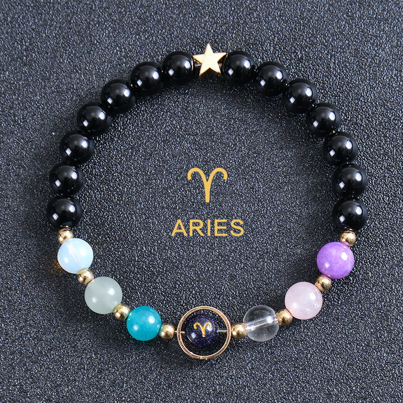 Bracelet Olivenorma douze constellations et huit planètes en pierres précieuses - Obsidienne ronde - Bélier - image 40