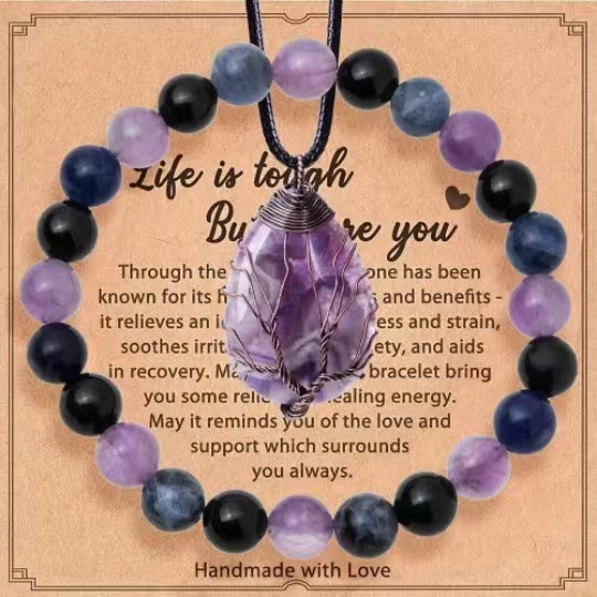 Ensemble de bijoux Olivenorma « La vie est dure, mais vous aussi » avec bracelet et collier en pierres précieuses de guérison - Améthyste + Obsidienne + Lapis Lazuli - image 16