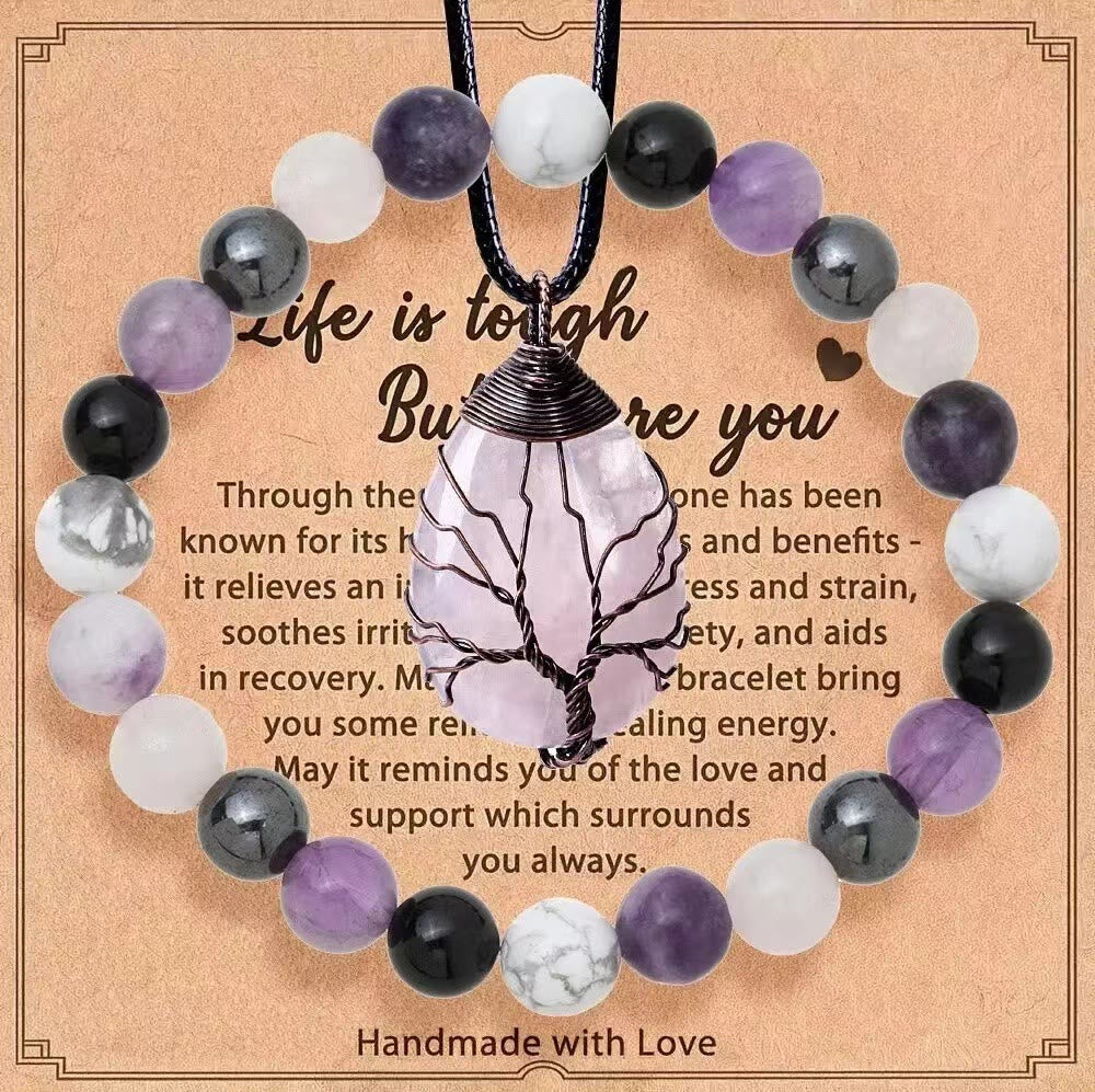 Ensemble de bijoux Olivenorma « La vie est dure, mais vous aussi » avec bracelet et collier en pierres précieuses de guérison - Améthyste + Howlite + Hématite - image 5