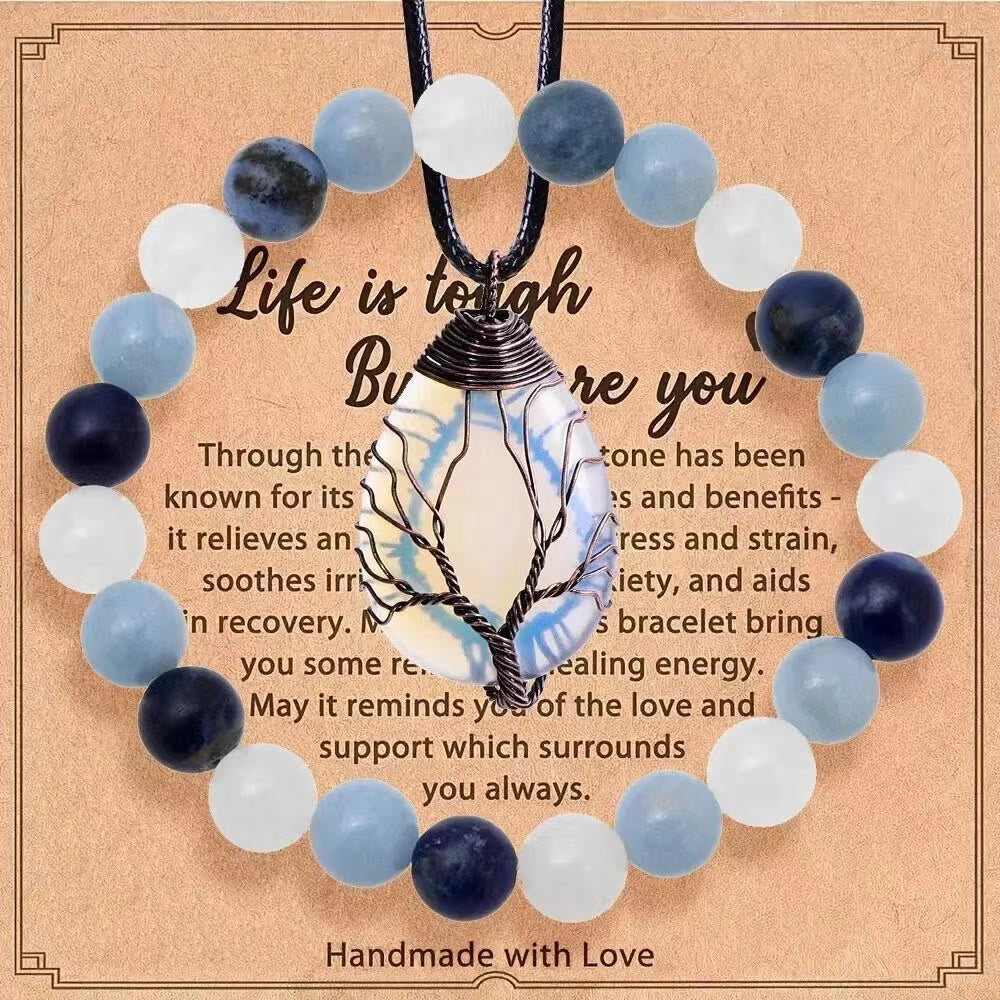 Ensemble de bijoux Olivenorma « La vie est dure, mais vous aussi » avec bracelet et collier en pierres précieuses de guérison - Cristal clair + Aigue-marine + Lapis-lazuli - image 1