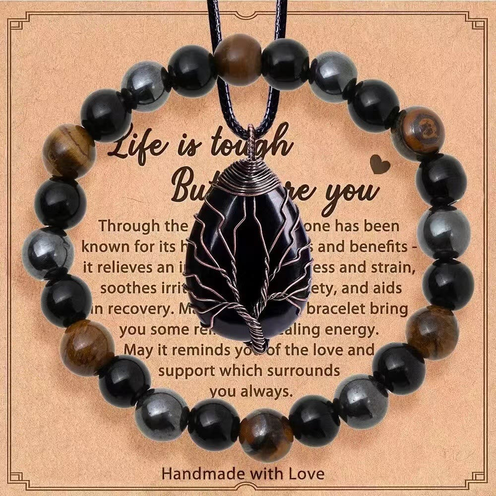 Ensemble de bijoux Olivenorma « La vie est dure, mais vous aussi » avec bracelet et collier en pierres précieuses de guérison - Obsidienne + Œil de tigre + Hématite - image 13