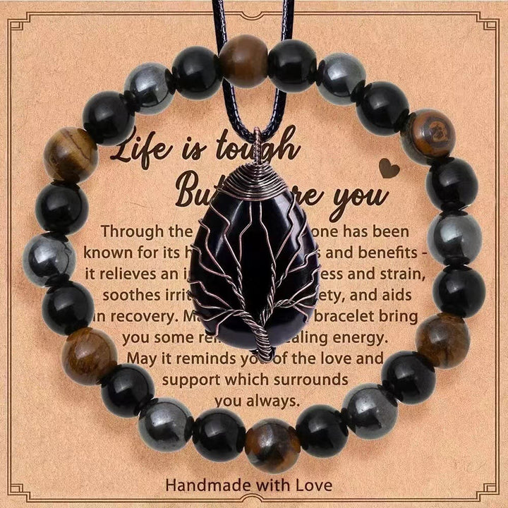 Ensemble de bijoux Olivenorma « La vie est dure, mais vous aussi » avec bracelet et collier en pierres précieuses de guérison - Obsidienne + Œil de tigre + Hématite - image 13