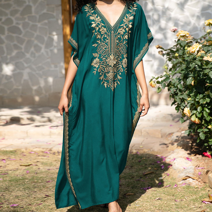 Robe caftan de vacances brodée et chemisier de plage Olivenorma - Vert malachite - Taille unique - image 16