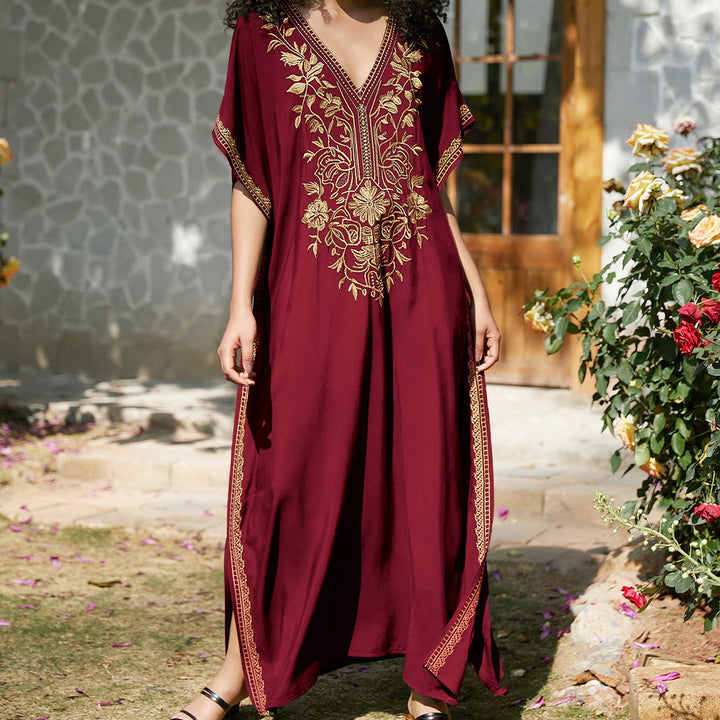 Robe caftan de vacances brodée et chemisier de plage Olivenorma - Bourgogne - Taille unique - image 29