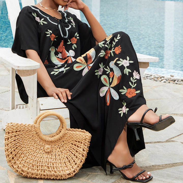 Robe caftan brodée de fleurs et d'oiseaux, chemisier de plage Olivenorma