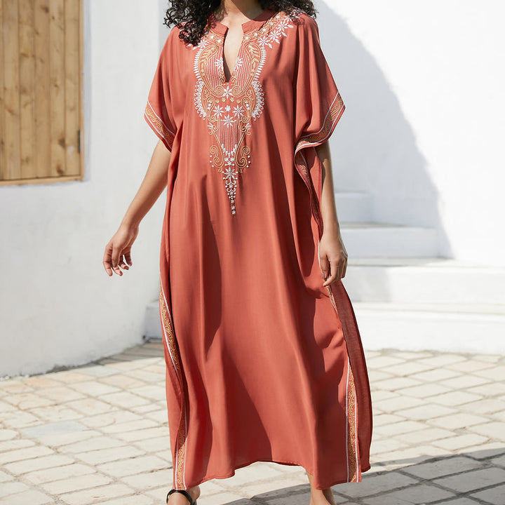 Robe caftan brodée vintage et chemisier de plage Olivenorma - Rouge - Taille unique - image 0