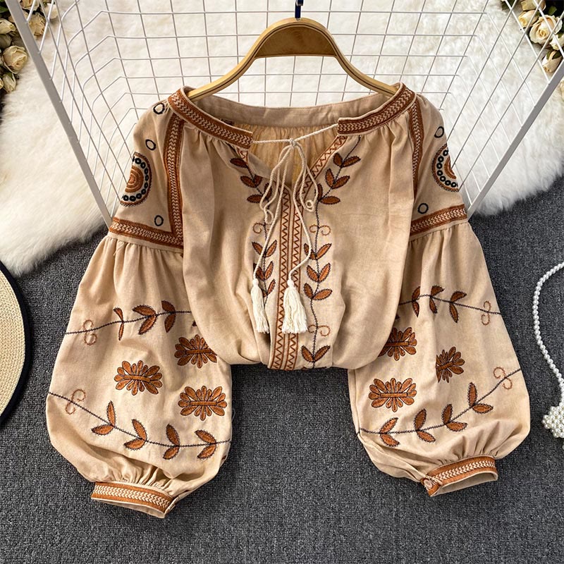 Chemise femme Olivenorma Bohemia brodée à manches lanternes