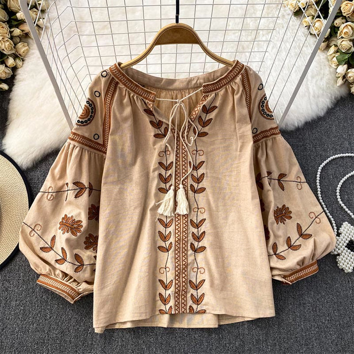 Chemise femme Olivenorma Bohemia brodée à manches lanternes - Kaki - Taille unique - image 0