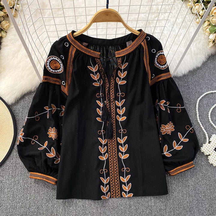 Chemise femme Olivenorma Bohemia brodée à manches lanternes