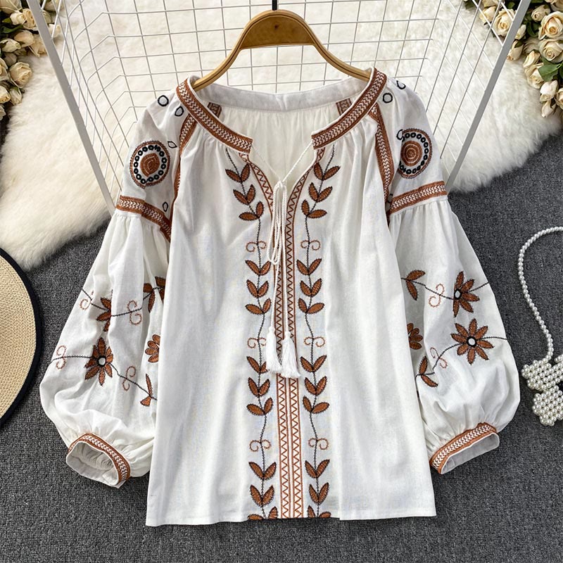 Chemise femme Olivenorma Bohemia brodée à manches lanternes - Blanc - Taille unique - image 3
