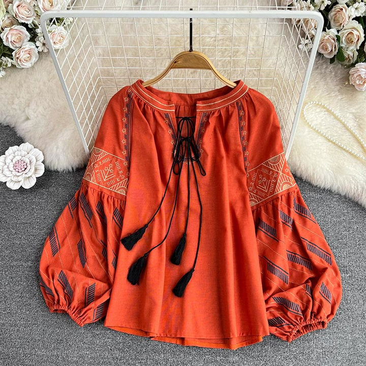 Chemise femme Olivenorma à manches lanternes et broderie totem géométrique