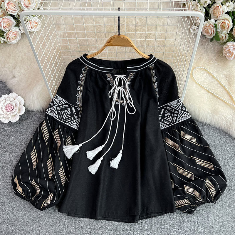 Chemise femme Olivenorma à manches lanternes et broderie totem géométrique - Noir - Taille unique - image 13
