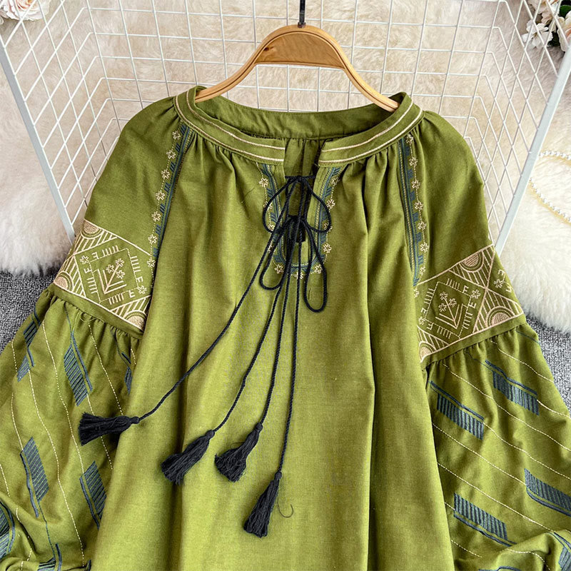 Chemise femme Olivenorma à manches lanternes et broderie totem géométrique