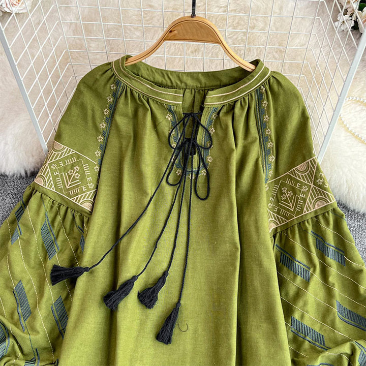 Chemise femme Olivenorma à manches lanternes et broderie totem géométrique