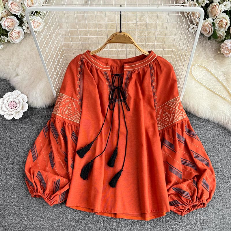 Chemise femme Olivenorma à manches lanternes et broderie totem géométrique - Orange - Taille unique - image 16