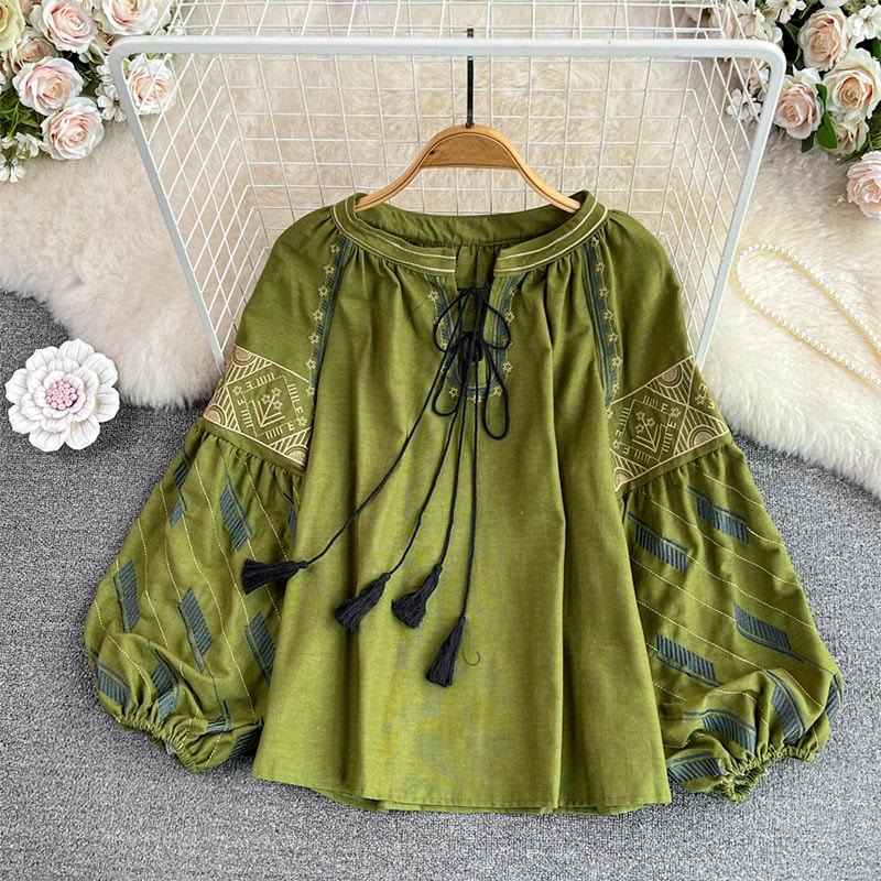 Chemise femme Olivenorma à manches lanternes et broderie totem géométrique - Vert - Taille unique - image 10