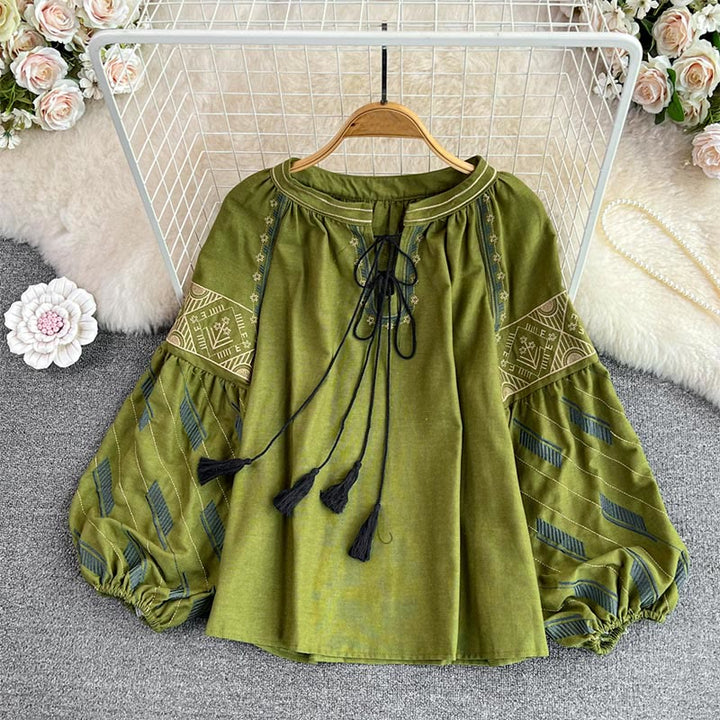 Chemise femme Olivenorma à manches lanternes et broderie totem géométrique - Vert - Taille unique - image 10