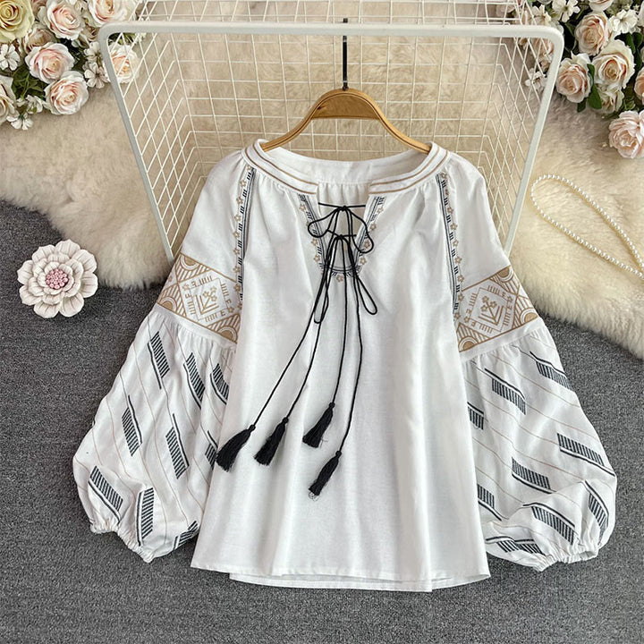 Chemise femme Olivenorma à manches lanternes et broderie totem géométrique