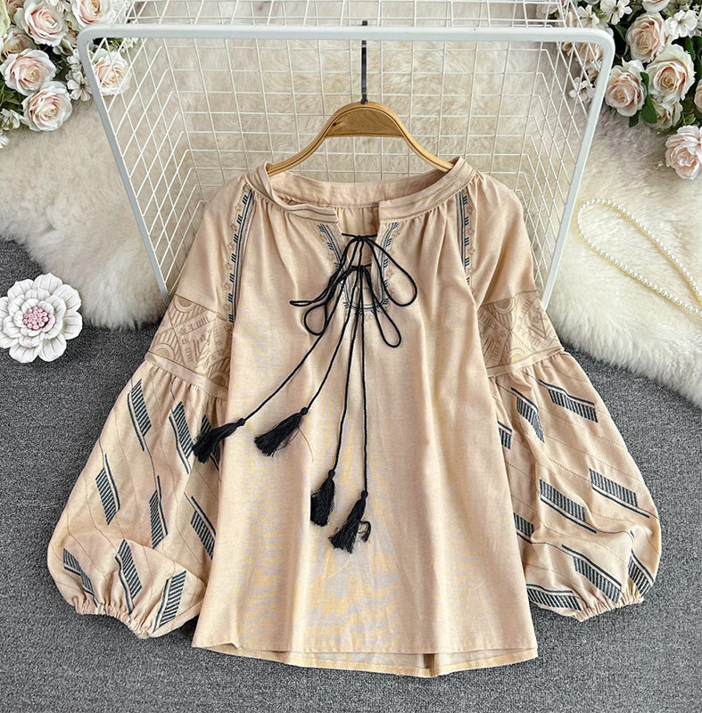 Chemise femme Olivenorma à manches lanternes et broderie totem géométrique - Kaki - Taille unique - image 7