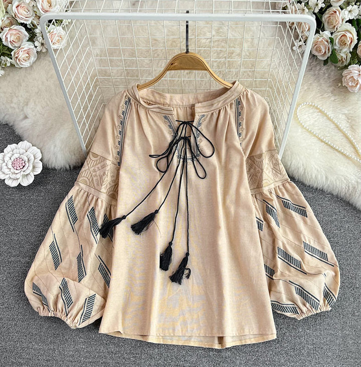 Chemise femme Olivenorma à manches lanternes et broderie totem géométrique - Kaki - Taille unique - image 7