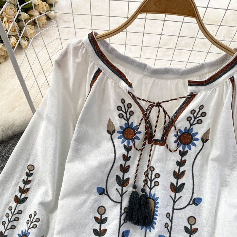 Chemise femme Olivenorma à manches lanternes et broderies florales pastorales