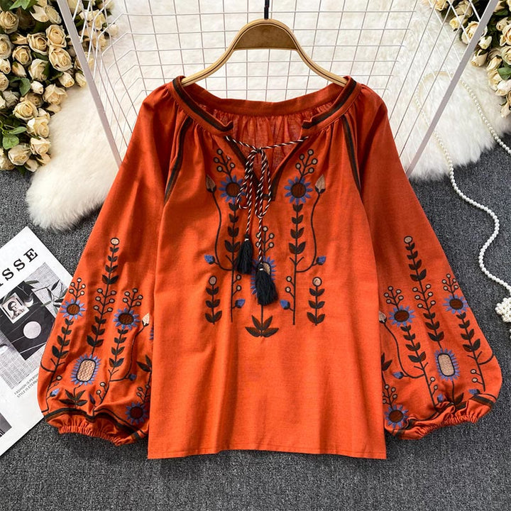 Chemise femme Olivenorma à manches lanternes et broderies florales pastorales - Orange - Taille unique - image 12