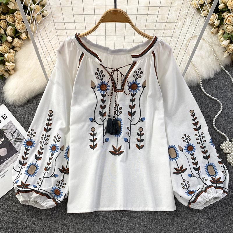 Chemise femme Olivenorma à manches lanternes et broderies florales pastorales - Blanc - Taille unique - image 4