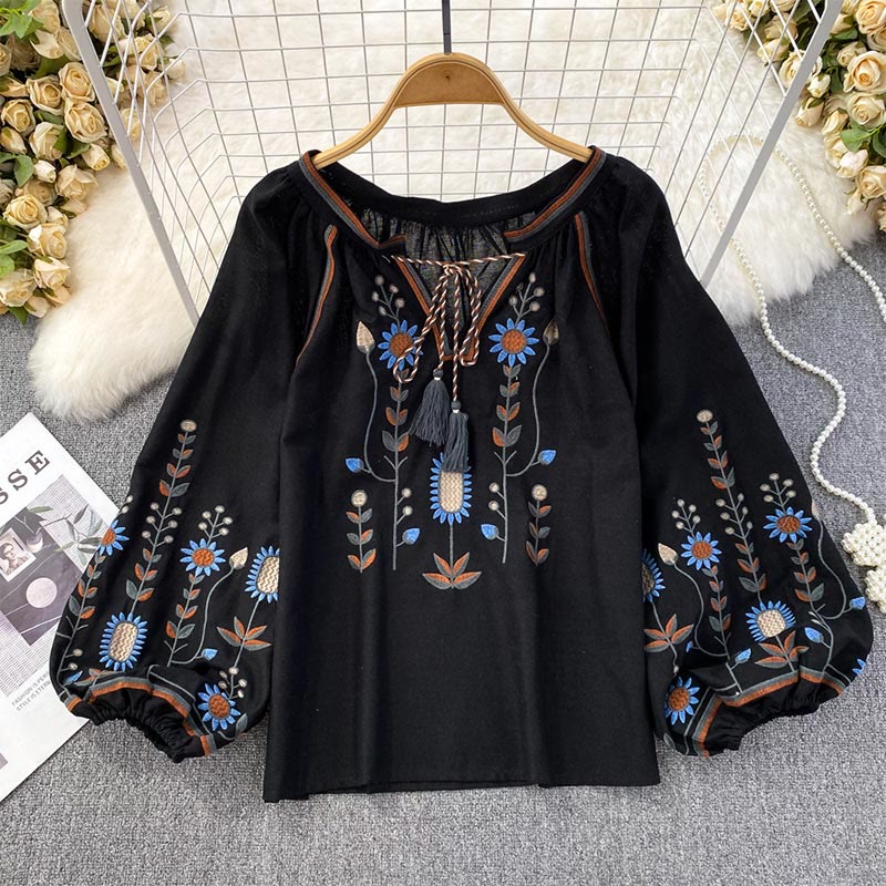 Chemise femme Olivenorma à manches lanternes et broderies florales pastorales - Noir - Taille unique - image 0