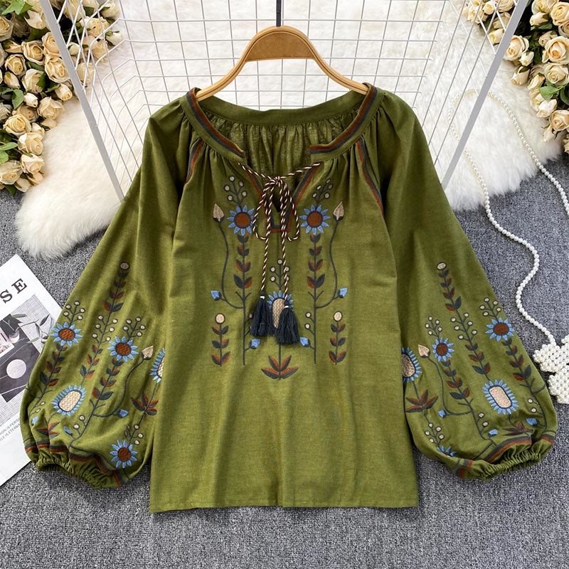 Chemise femme Olivenorma à manches lanternes et broderies florales pastorales - Vert - Taille unique - image 16