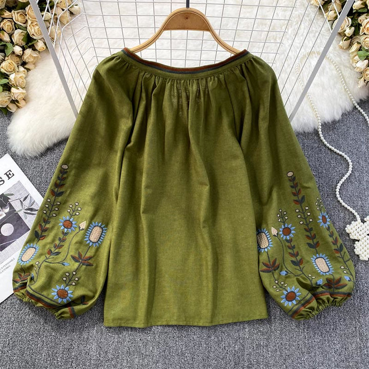 Chemise femme Olivenorma à manches lanternes et broderies florales pastorales
