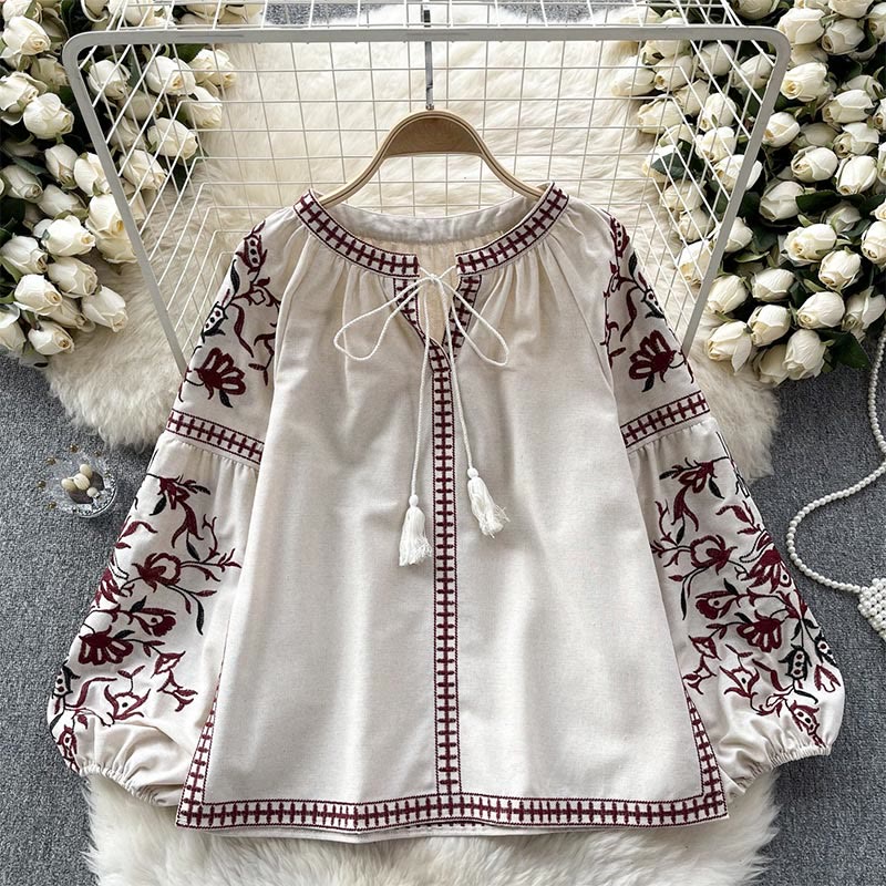 Chemise femme Olivenorma à manches lanternes et broderie florale vintage - Abricot - Taille unique - image 4