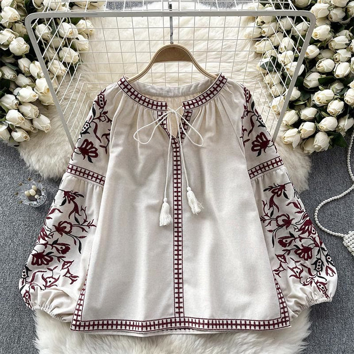 Chemise femme Olivenorma à manches lanternes et broderie florale vintage - Abricot - Taille unique - image 4