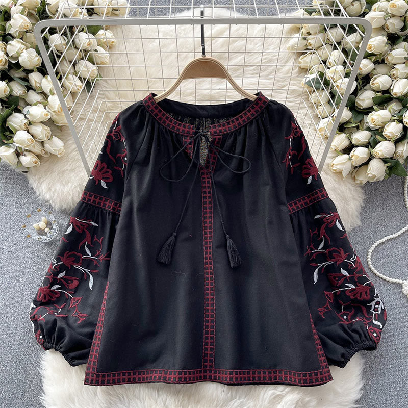 Chemise femme Olivenorma à manches lanternes et broderie florale vintage - Noir - Taille unique - image 13