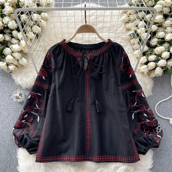 Chemise femme Olivenorma à manches lanternes et broderie florale vintage - Noir - Taille unique - image 13