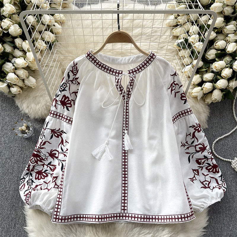 Chemise femme Olivenorma à manches lanternes et broderie florale vintage - Blanc - Taille unique - image 0