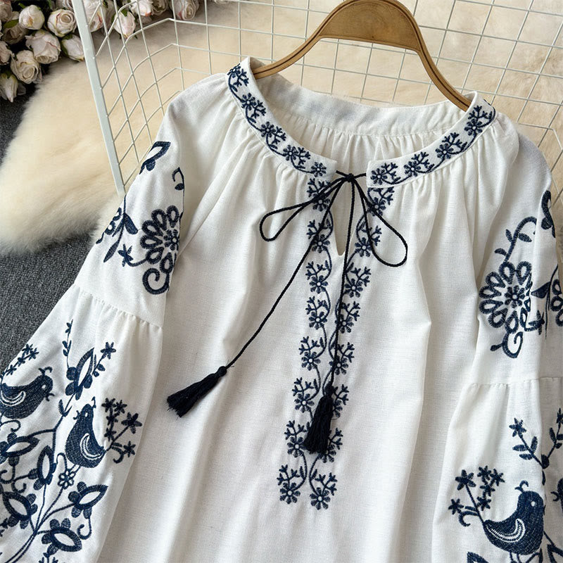 Chemise femme Olivenorma à manches lanternes et broderies d'oiseaux et de fleurs